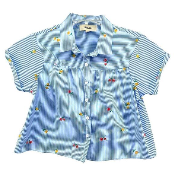 Maddie Girl’s Striped Floral Embroidered Button Front Short Sleeve Shirt XL - Picture 13 of 13